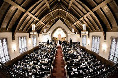 Wedding ceremony in large church with edge sight and sound